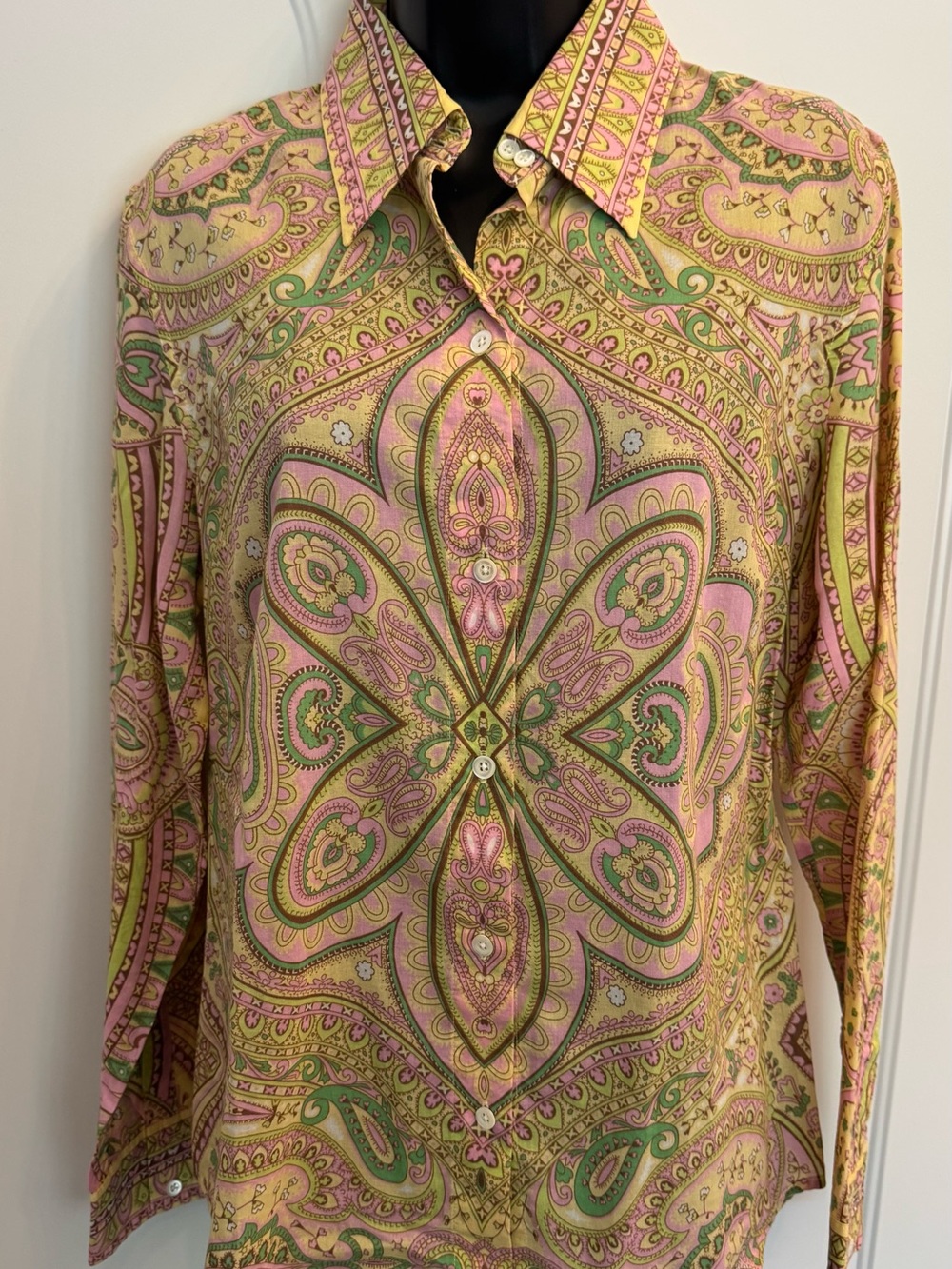 Vintage Lucky Brand XL Paisley Cotton Button Shirt Pink Green 70s Boho Y2K
